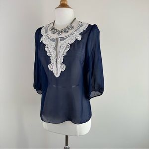 Anthropologie FEI Size S Navy Blue 100%Silk Lost Locale Blouse